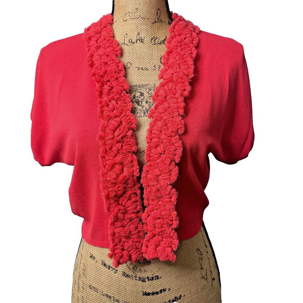 Giambattista Valli Cherry-Red Knit 3D Applique Bolero Cardigan Sz 44/M Italy